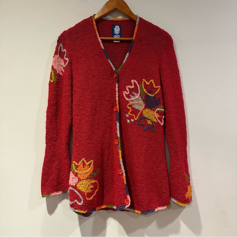 Amano Women's Vintage Wool Knit Embroidered Flower Cardigan in Red
